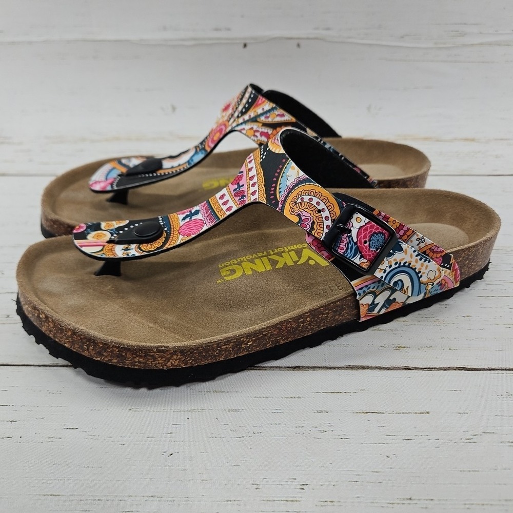 Viking Laguna Toe Thong Sandals Black Paisley‎ 39 US 8-8.5 Adjustable Cork